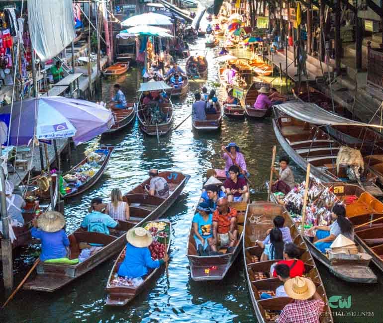 Market stalls and shoppers