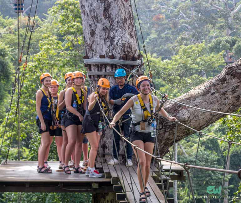Tourist girls, during their zipline journey, are walking across the hanging bridge